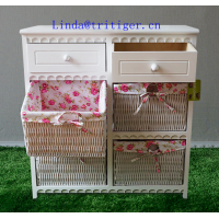 Factory wholesale solid paulownia MDF wood chest with wicker drawer storage cabinet